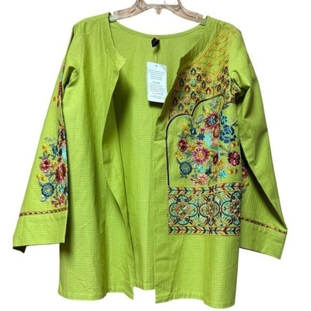 Womens Top M Lime 3/4 Sleeves Embroidered Open Front Traditional Boho Cottage‎
